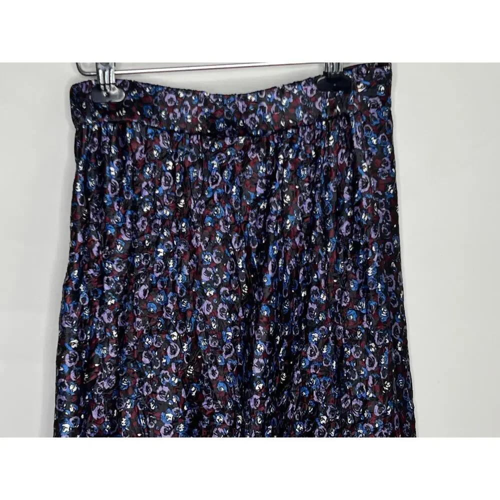 Ganni Floral Print Crinkled Stretch Satin Pencil Midi Skirt Black/Purple/Blue 40 - Picture 8 of 11
